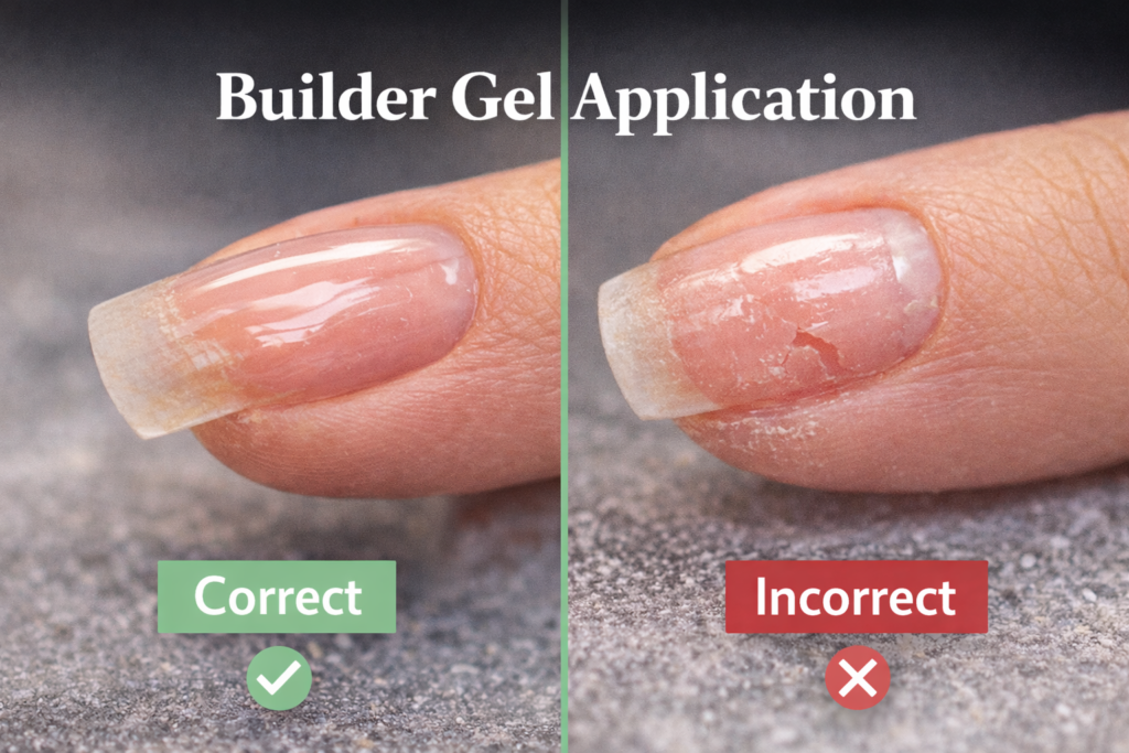 Correct vs incorrect builder gel application comparison