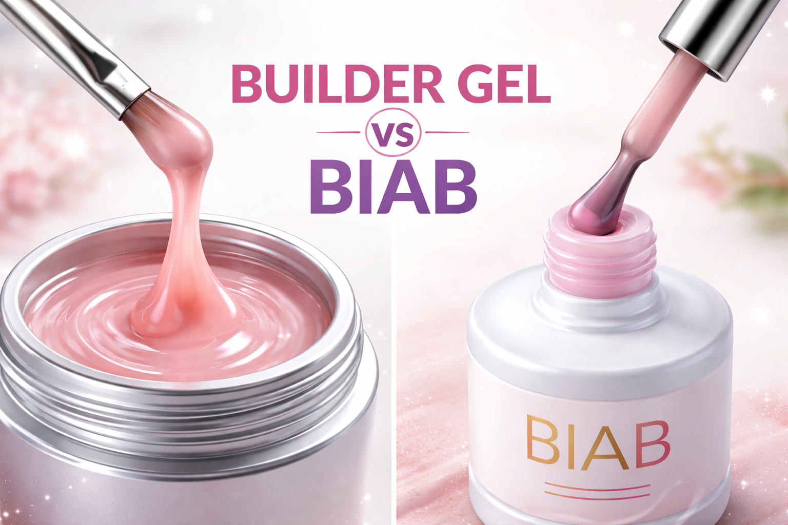 Builder gel vs BIAB comparison showing builder gel in a jar and BIAB in a bottle used for nail strengthening