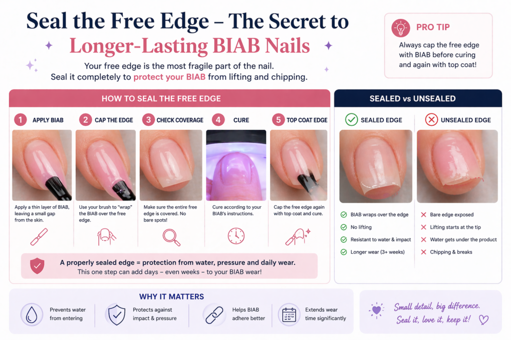 biab-free-edge-sealing-capping-technique biab free edge sealing technique showing proper capping over and under the nail tip to prevent lifting close up