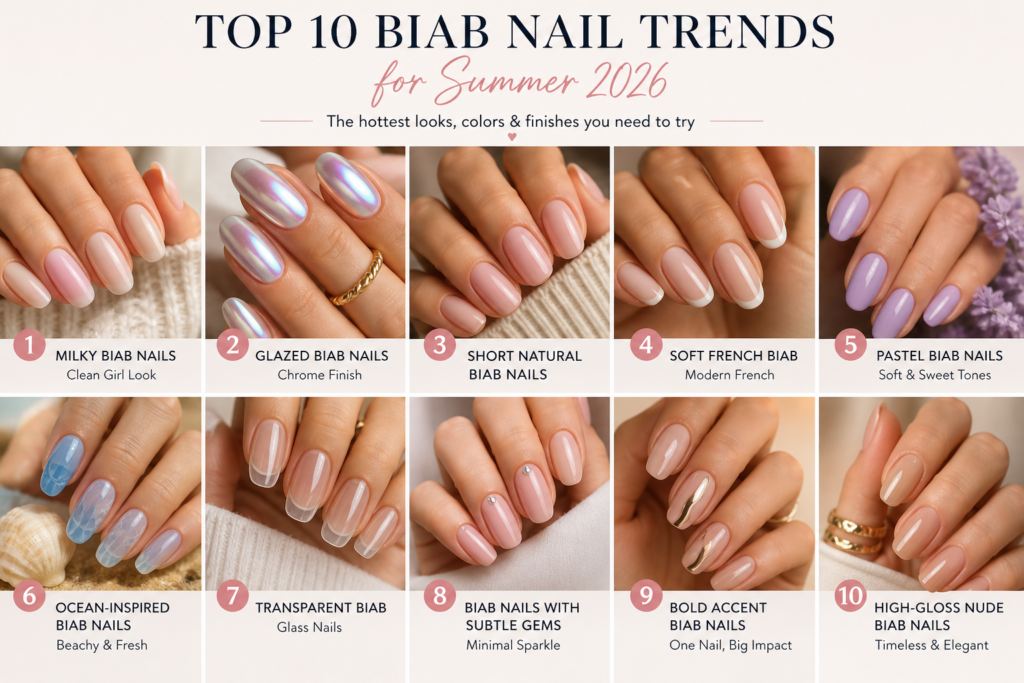 Preview grid showing all ten BIAB nail trends for summer 2026