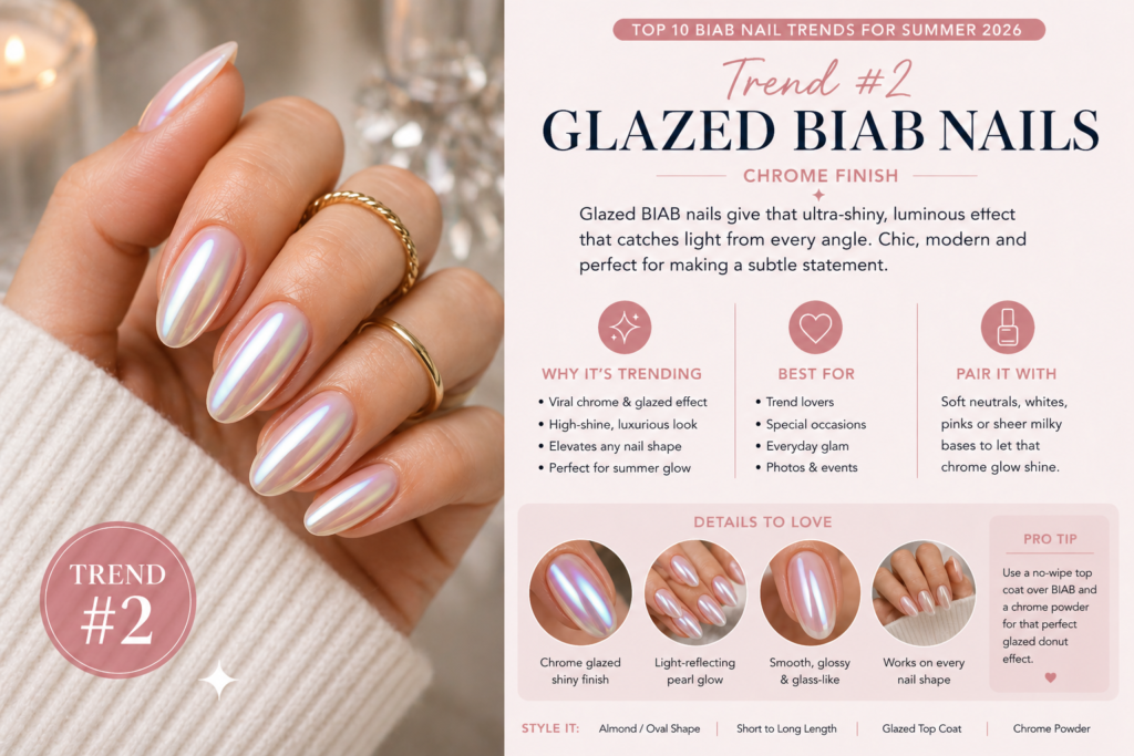Glazed BIAB nails with a warm champagne chrome mirror finish