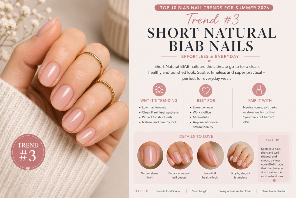 Short natural BIAB nails with a clean minimal finish at fingertip length