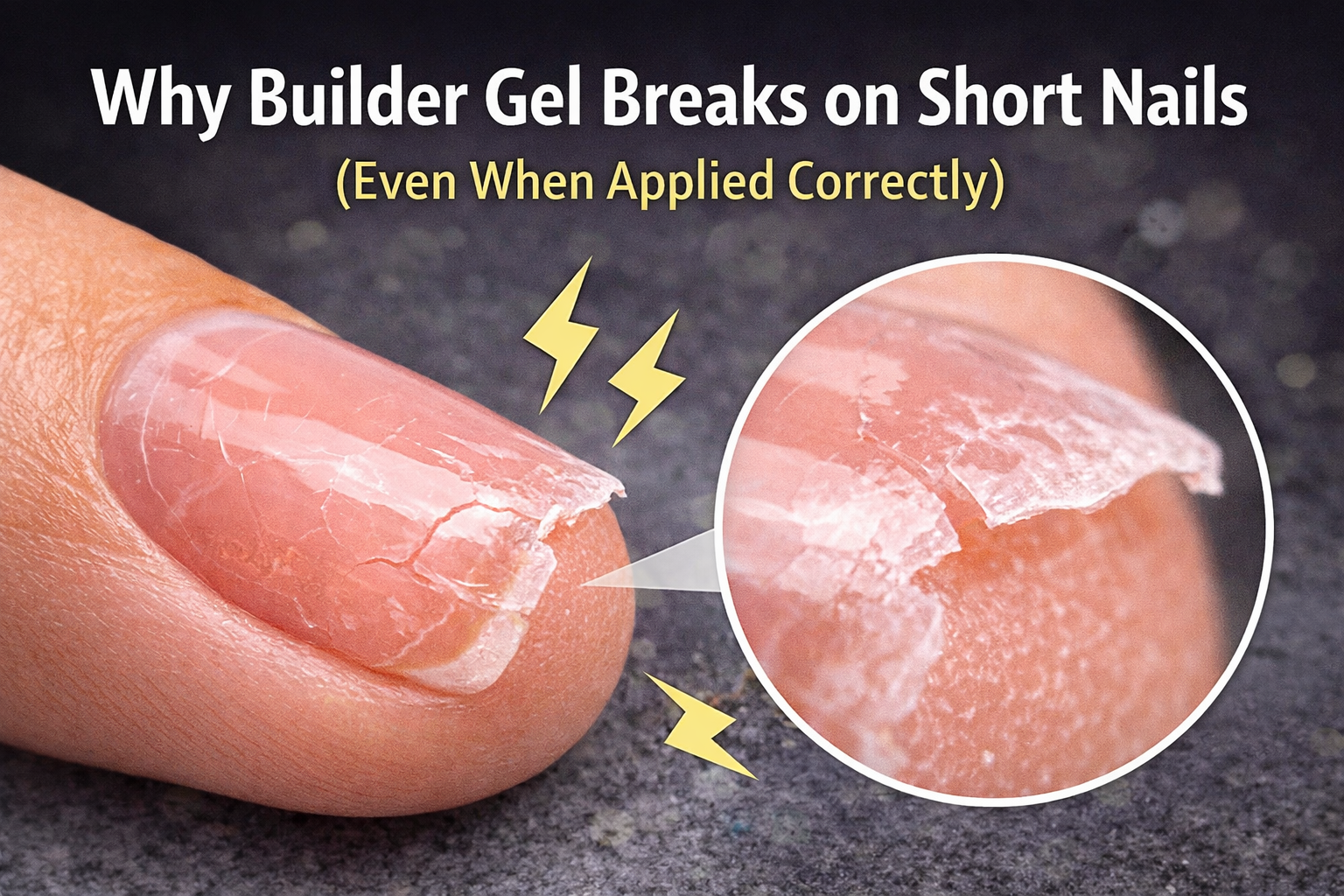 builder gel breaking on short nails with visible cracks and damage at the tip