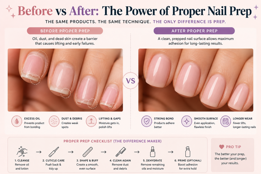 Before and after comparison showing an unprepped nail plate versus a properly buffed and dehydrated one