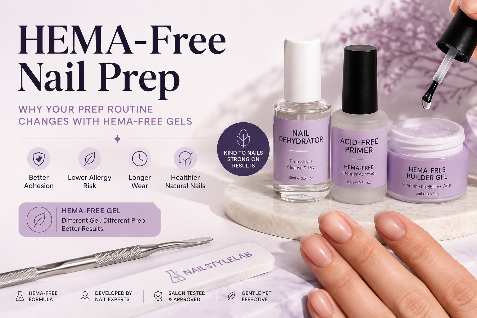 HEMA-free nail prep routine with dehydrator, acid-free primer, and builder gel products