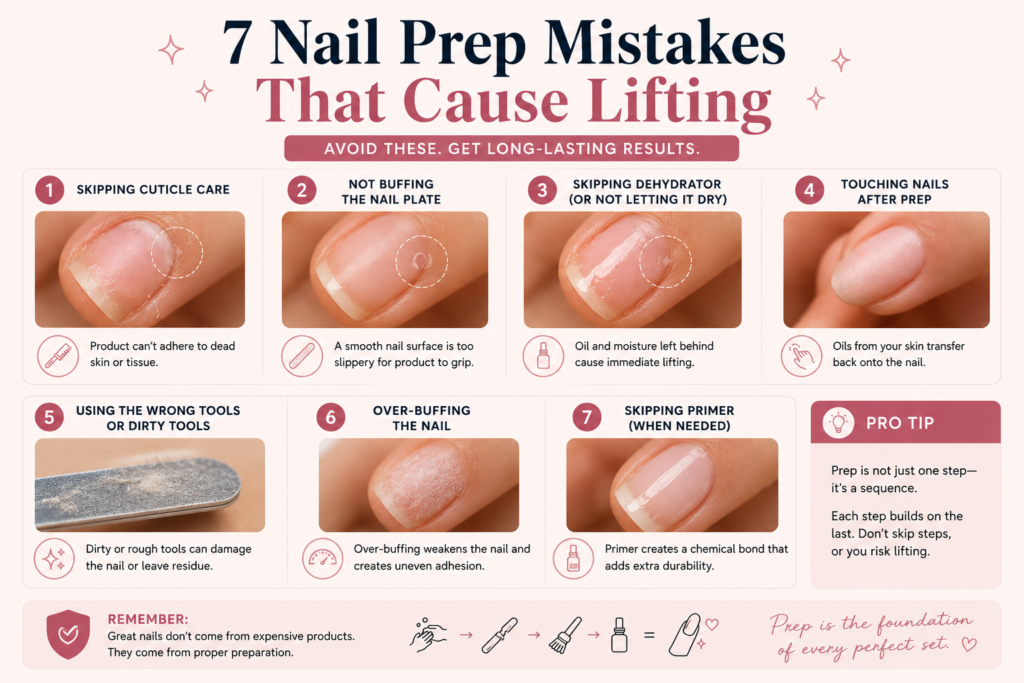 Common nail prep mistakes that cause gel lifting, including cotton ball fibres and over-buffing