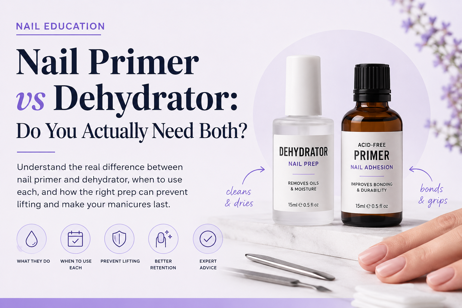 Nail primer vs dehydrator comparison showing how dehydrator removes oils and primer improves nail adhesion for gel, BIAB, and acrylic nails