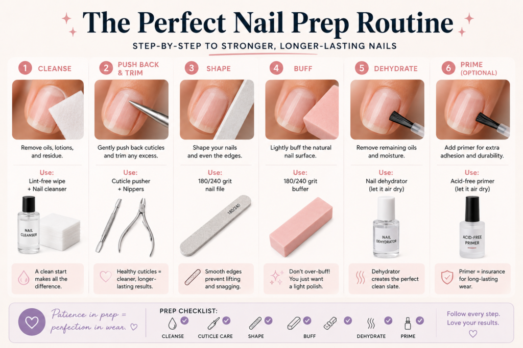 Seven-step nail prep routine laid out in order from product removal through primer application