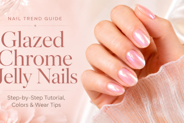 Glazed chrome jelly nails with a sheer pink base and pearl chrome finish