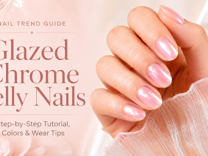 Glazed chrome jelly nails with a sheer pink base and pearl chrome finish