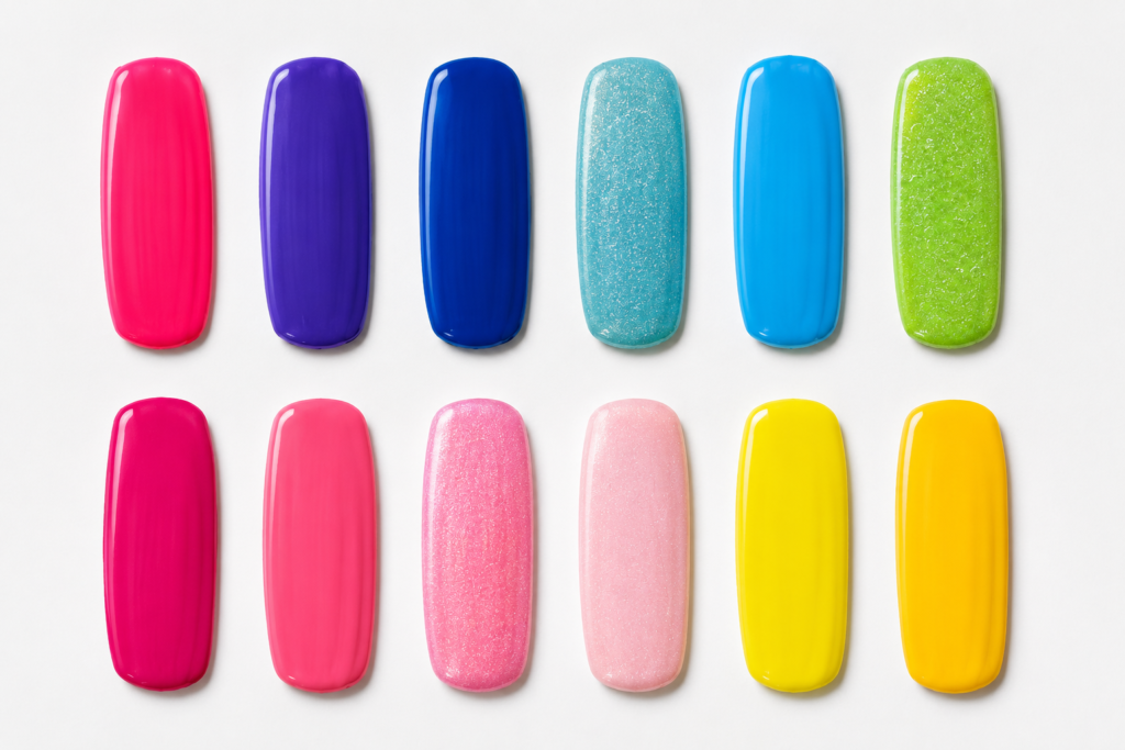 Flat lay of OPI Summer 2026 Trip to the Brite Side nail polish swatches featuring neon pink, violet, blue, green and yellow shades.