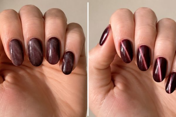 cat eye nail with a weak diffuse line next to one with a sharp defined ribbon