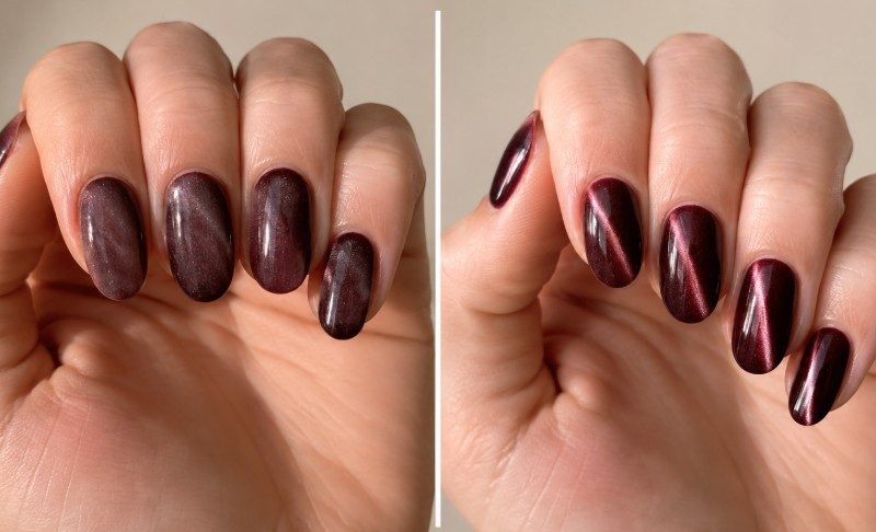 cat eye nail with a weak diffuse line next to one with a sharp defined ribbon