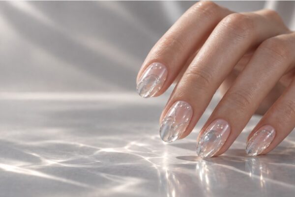 Illustration of blown glass nails with raised clear gel ridges on short almond nails