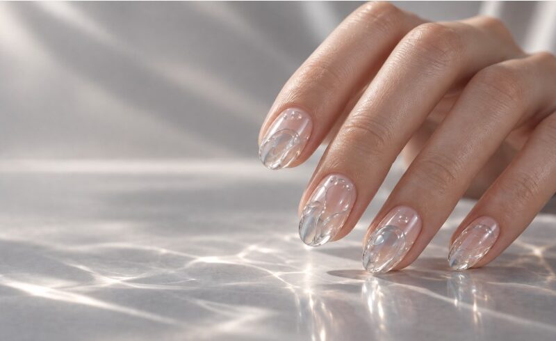 Illustration of blown glass nails with raised clear gel ridges on short almond nails