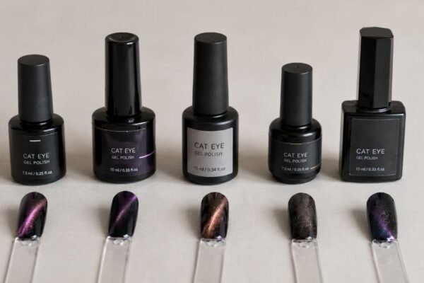 Five cat eye gel polish sets lined up with magnetised swatches showing each brand's effect