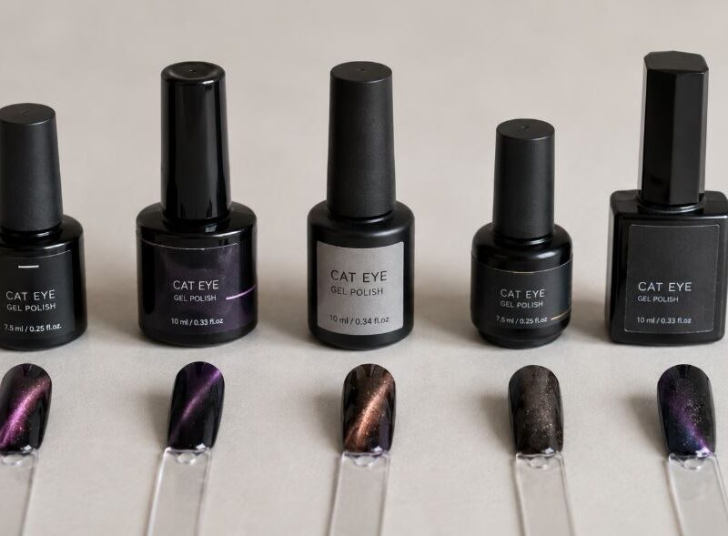 Five cat eye gel polish sets lined up with magnetised swatches showing each brand's effect