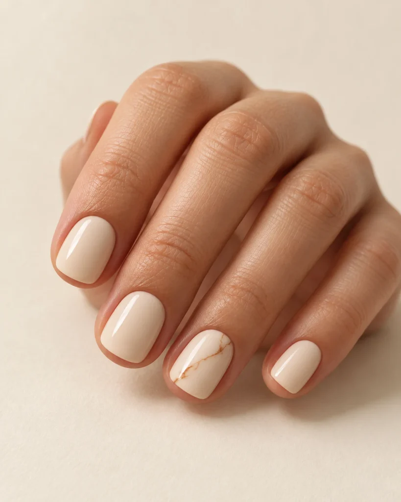 Short cream nails with a fine cinnamon marble vein on the ring finger.