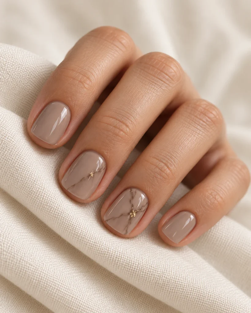 Short taupe nails with fine marble veins and a small gold foil accent.