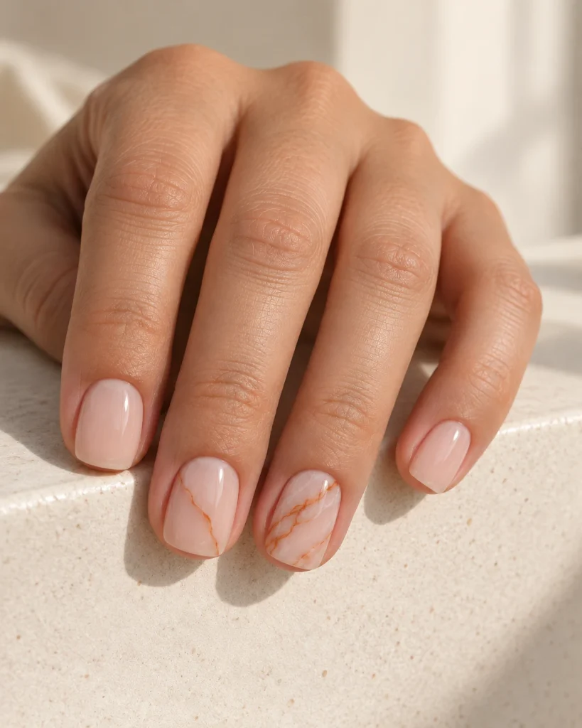 Milky nude short nails with delicate rust orange marble veins.