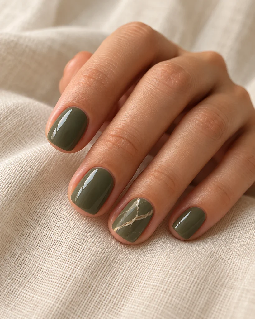 Short olive green nails with cream marble veining on the ring finger.