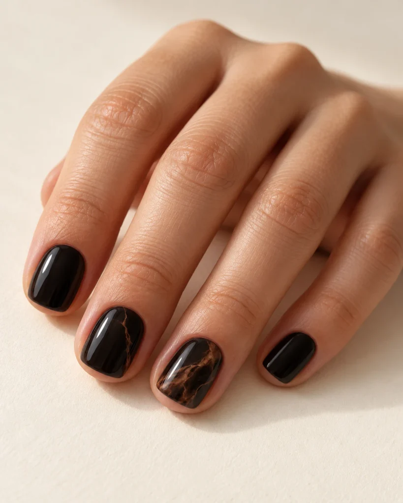 Glossy near-black short nails with smoky brown marble veins.