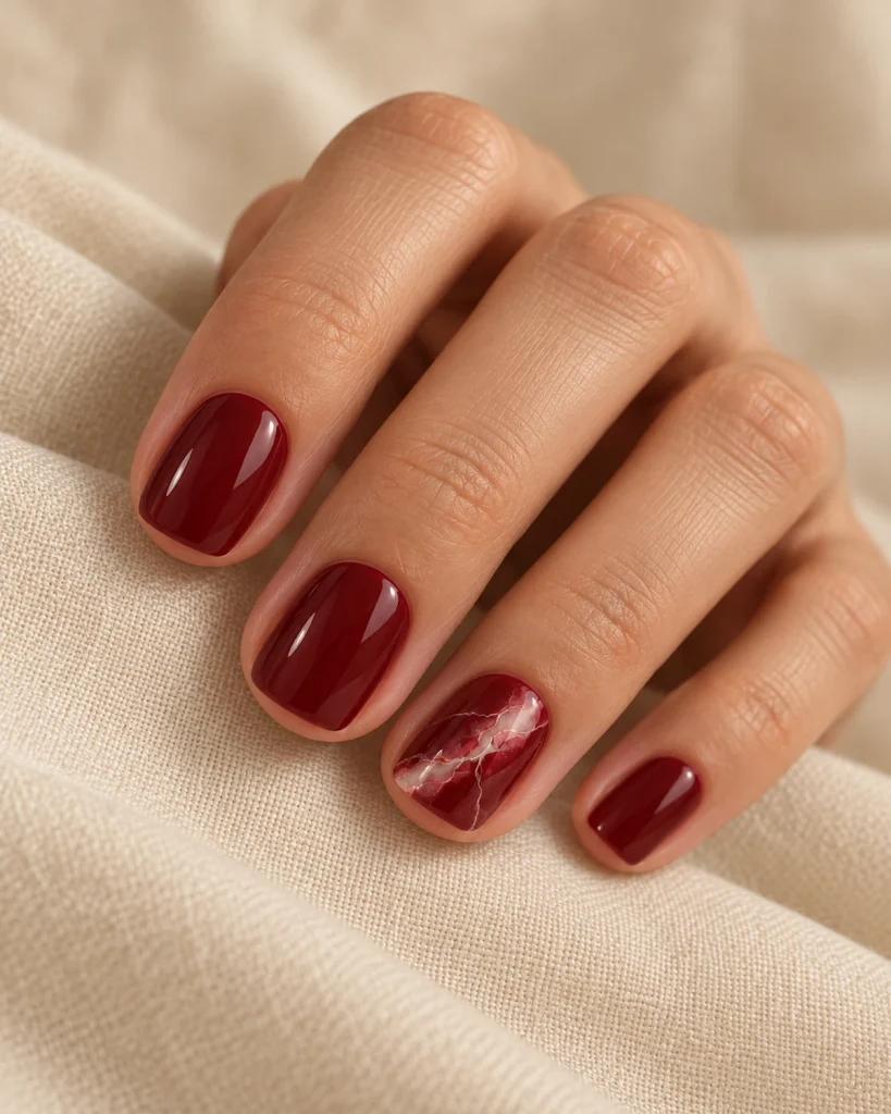 Short burgundy nails with pale blush marble veining.
