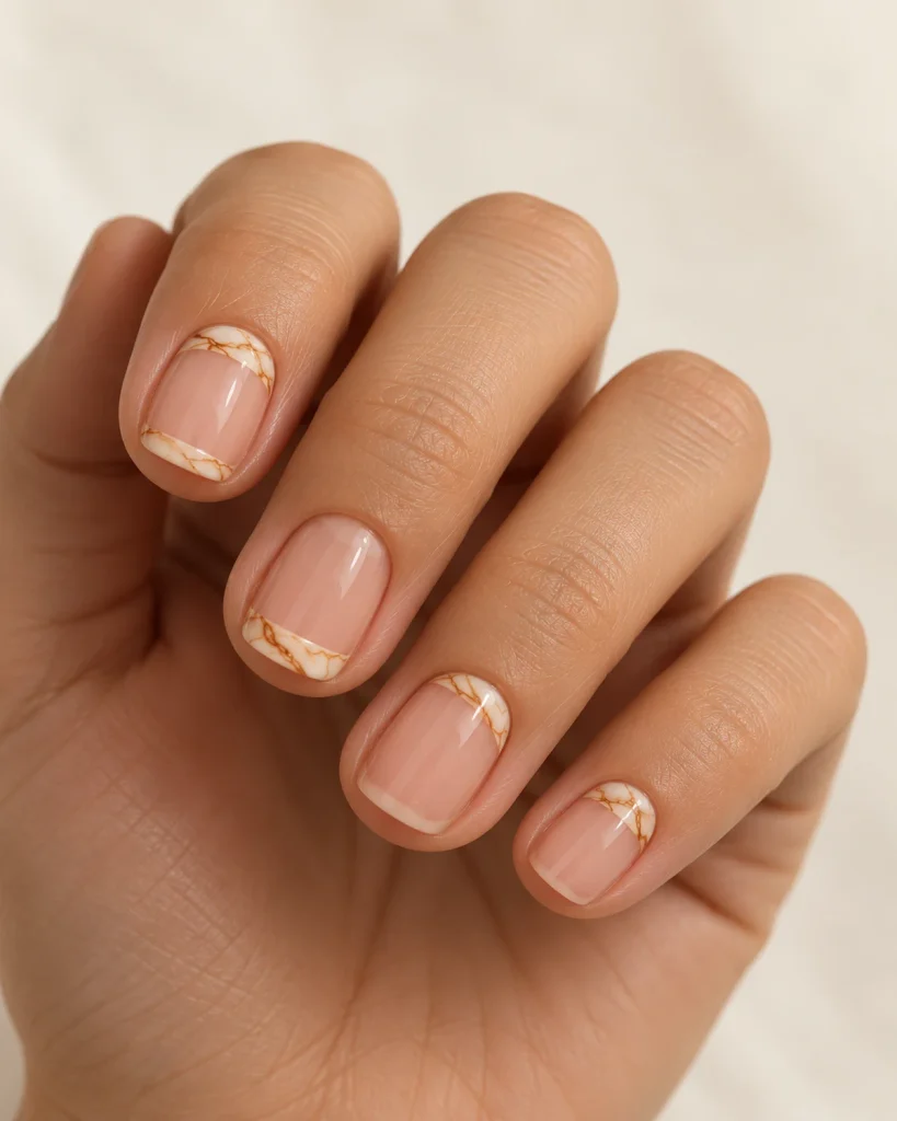 Short nude nails with cream and caramel marble French tips.