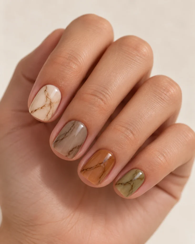 Short nails in warm autumn shades with fine dark brown marble veins.